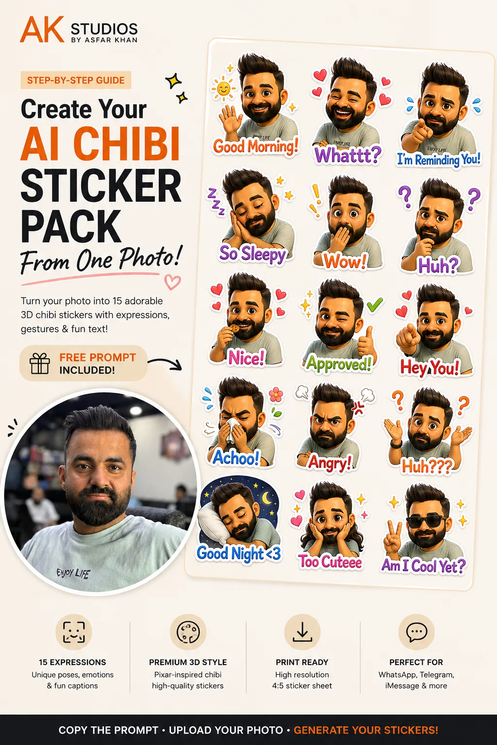 A selfie of AK Studios founder Asfar Khan transformed into a 15-sticker AI chibi sticker pack, generated using the free prompt in this guide