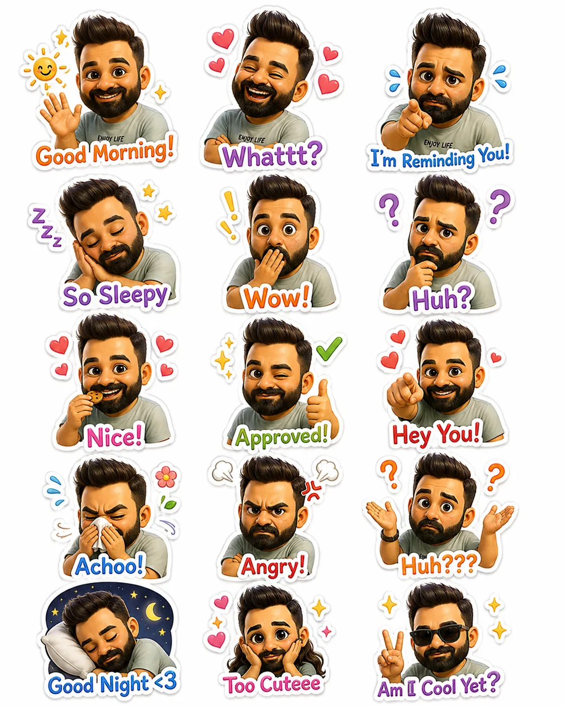 Finished AI-generated chibi sticker sheet showing 15 expressive stickers with captions like Good Morning, Whattt, So Sleepy and Too Cuteee, arranged in a 3 by 5 grid