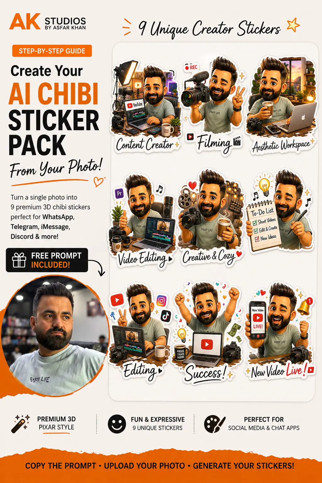 A selfie of AK Studios founder Asfar Khan transformed into a 9-sticker AI Content Creator Chibi sticker pack with YouTube, filming and editing themes, generated using the free prompt in this guide