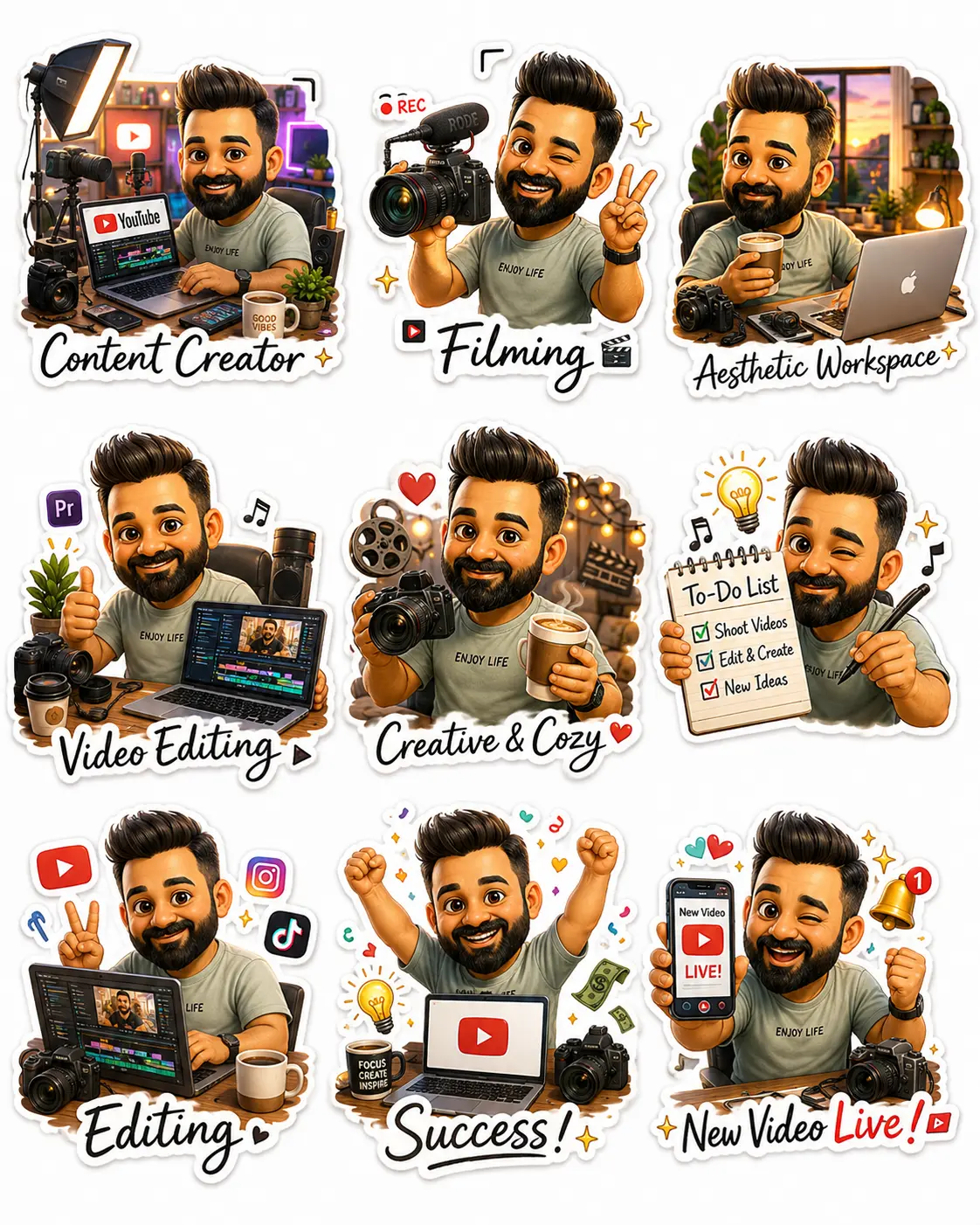 Finished AI-generated content creator sticker sheet showing 9 stickers including Content Creator, Filming, Video Editing, To-Do List, Success and New Video Live, arranged in a 3 by 3 grid