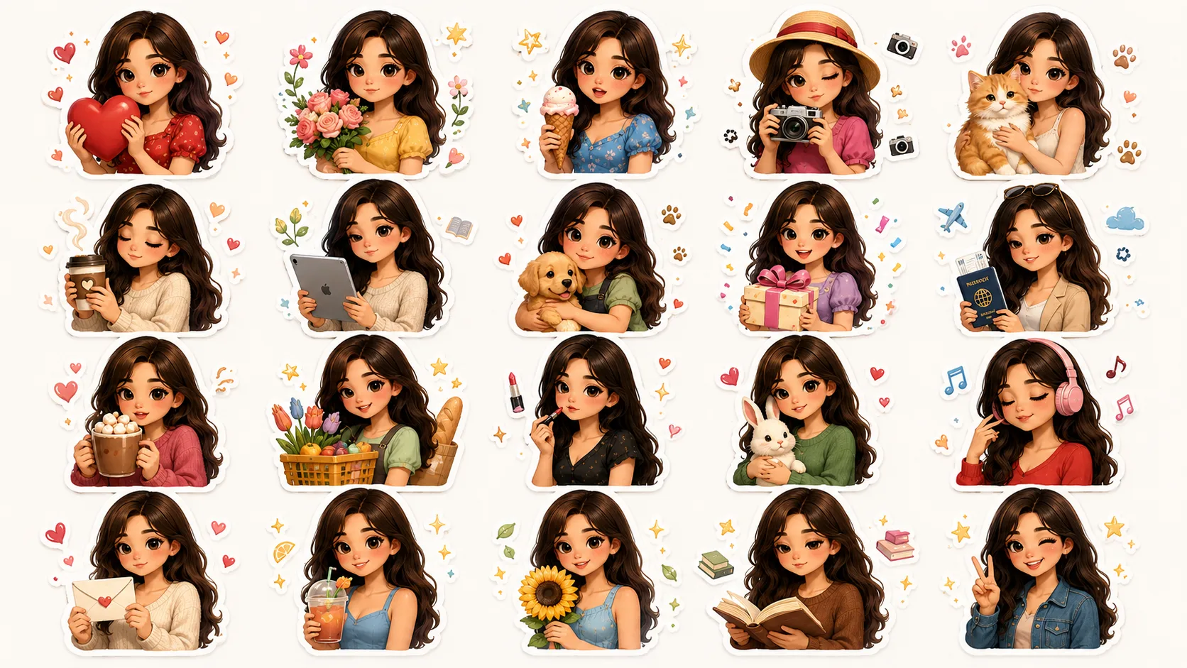 Finished AI-generated lifestyle chibi sticker sheet showing 20 stickers including love, flowers, ice cream, photography, coffee, travel, reading and peace sign, arranged in a 5 by 4 grid