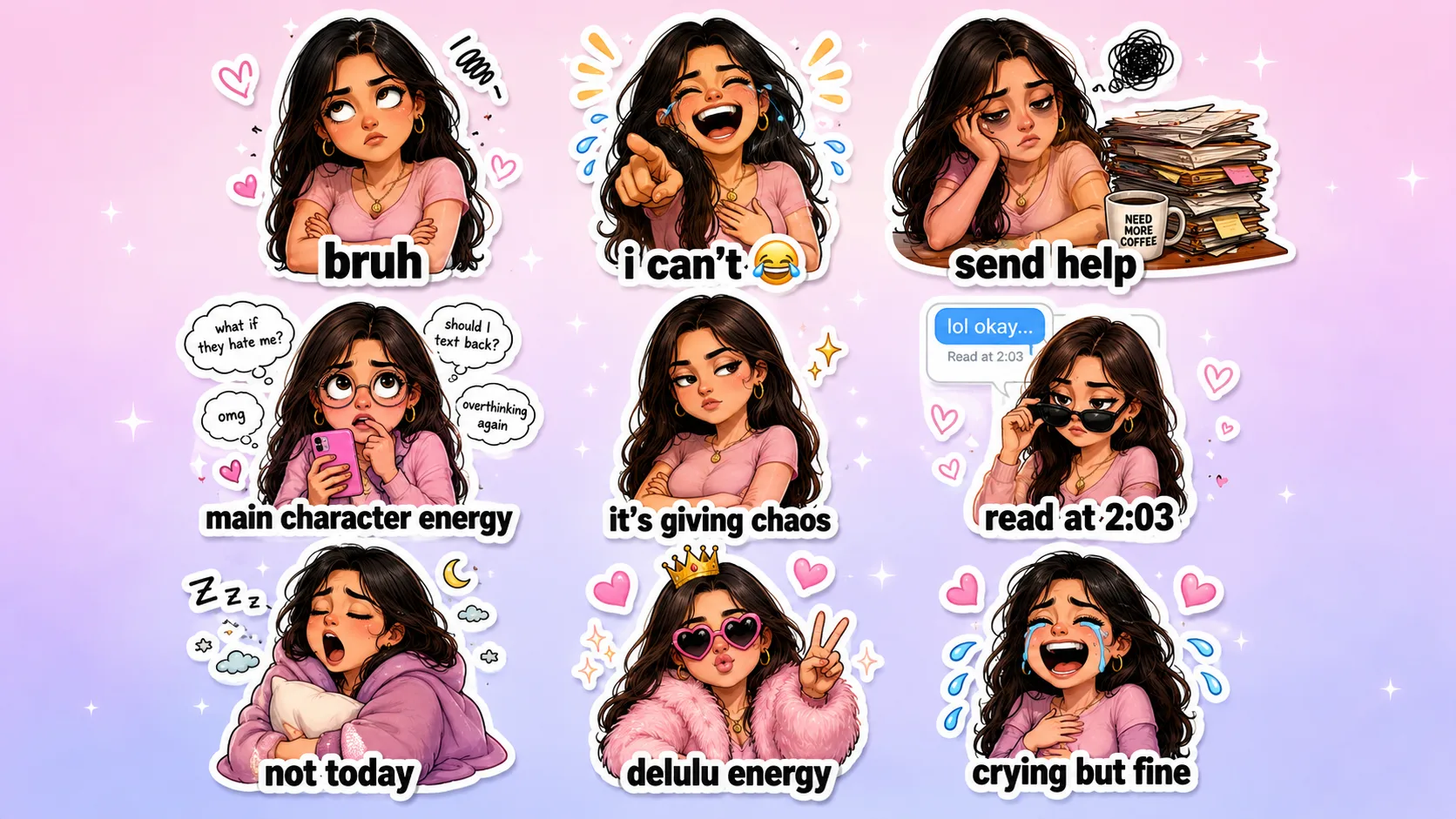 AI-generated funny meme chibi sticker sheet showing 9 stickers including Bruh, I Can't, Send Help, Main Character Energy, Delulu Energy and Crying But Fine, arranged in a 3 by 3 grid