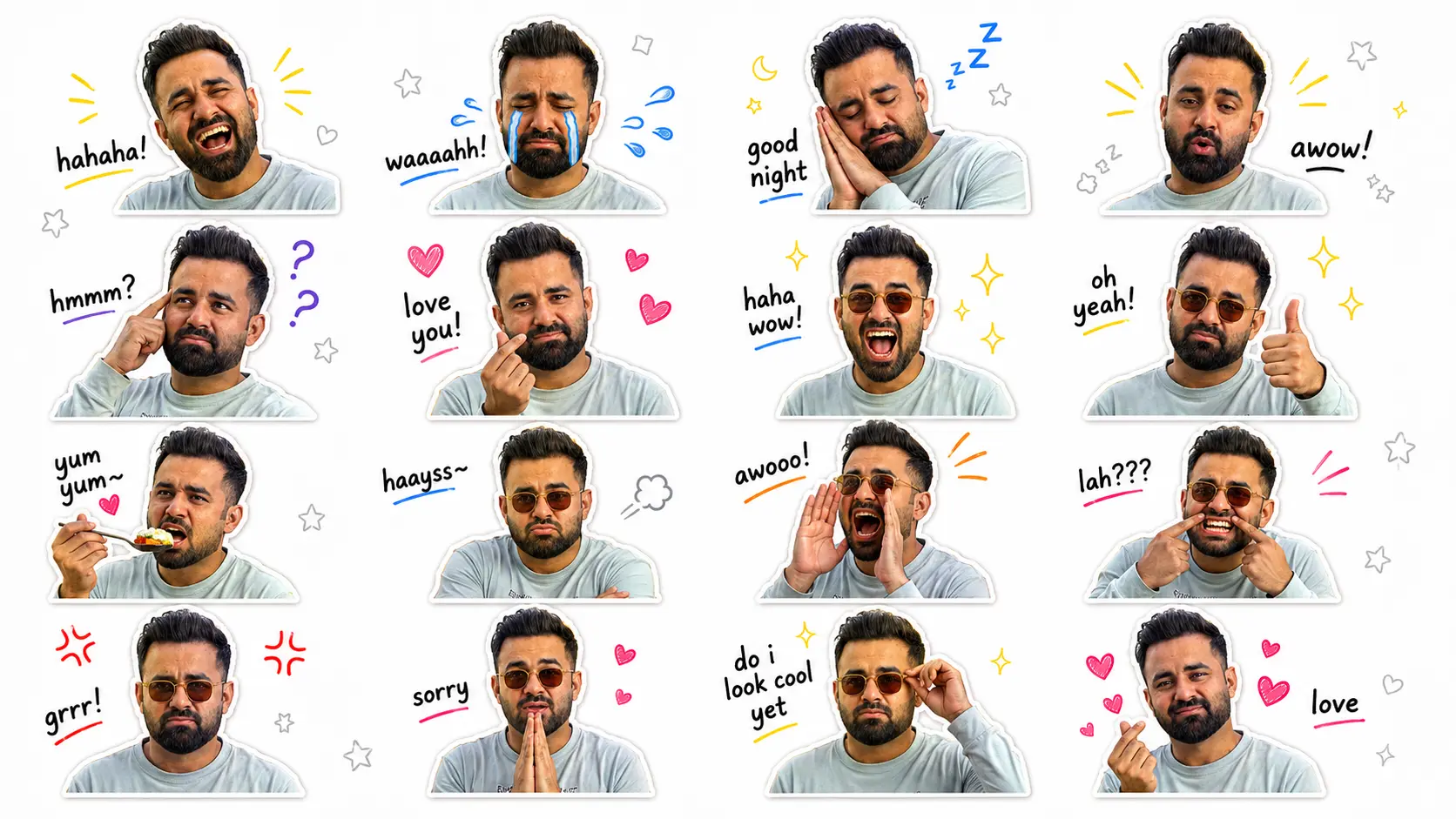 A photo of AK Studios founder Asfar Khan transformed into a 16-expression realistic AI sticker pack with die-cut borders and handwritten captions, generated using the free prompt in this guide