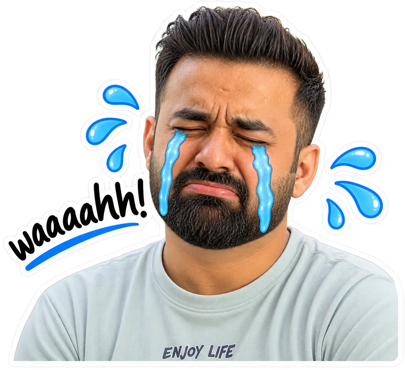 Close-up of a realistic AI-generated sticker of Asfar Khan crying dramatically with cartoon tears and a hand-lettered 'waaaahh!' caption