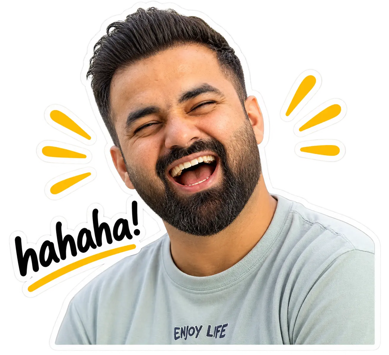 Close-up of a realistic AI-generated sticker of Asfar Khan laughing loudly with a hand-lettered 'hahaha!' caption and yellow comic motion lines