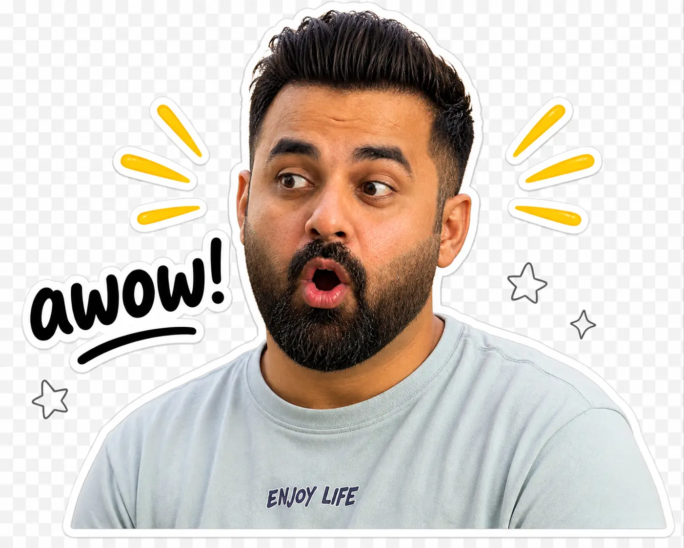 Close-up of a realistic AI-generated sticker of Asfar Khan looking surprised with an open mouth and a hand-lettered 'awow!' caption