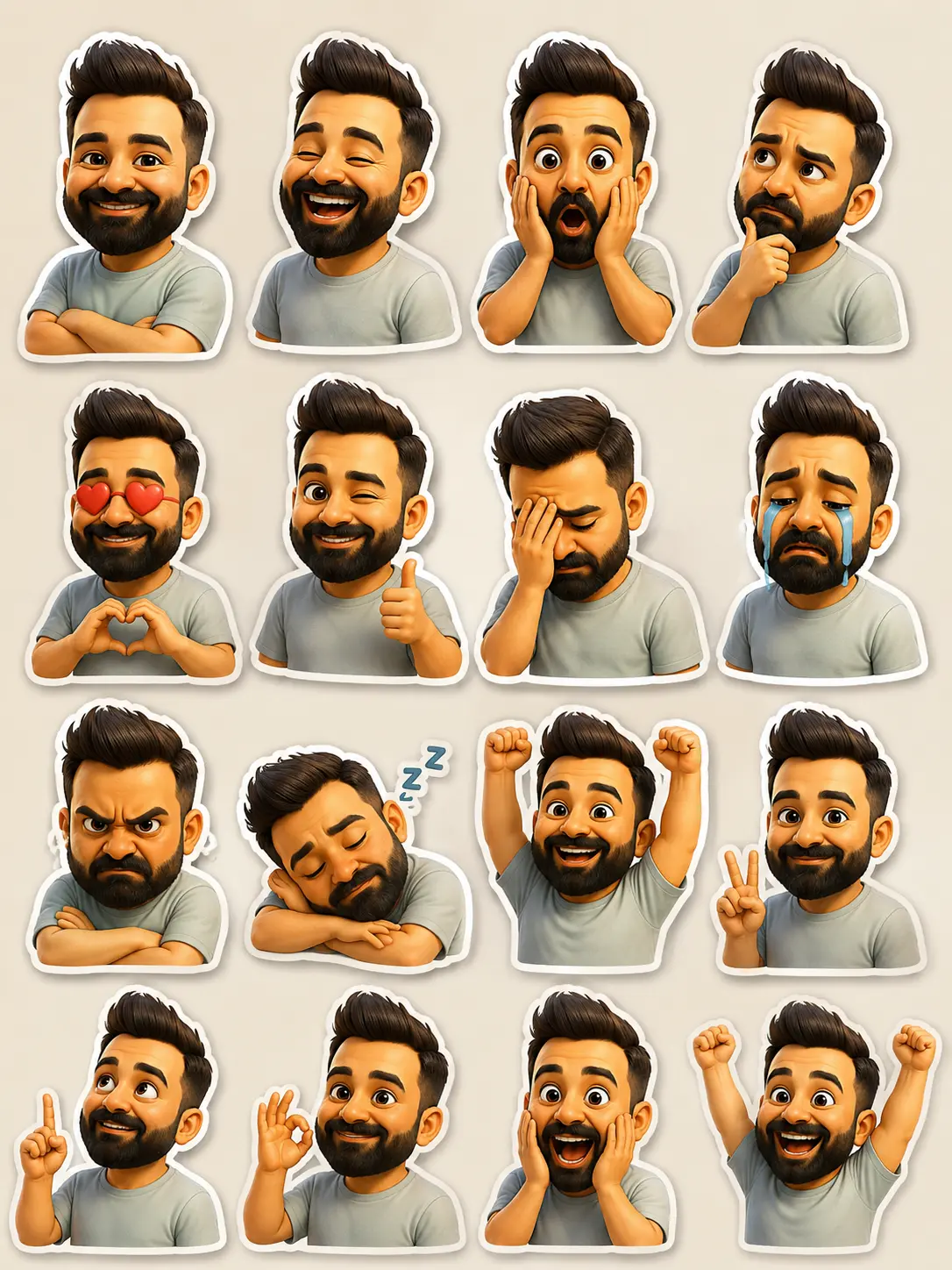 Finished AI-generated sticker sheet showing 16 expressive 3D cartoon stickers including laughing, crying, love, angry, sleeping and celebrating poses, arranged in a 4 by 4 grid