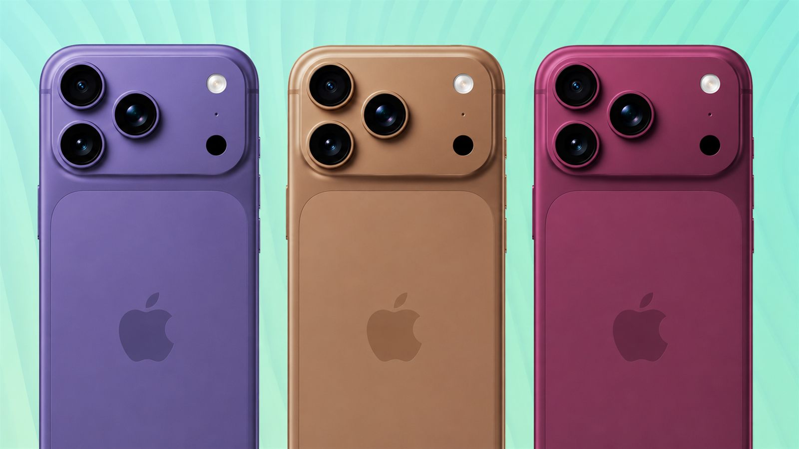 Fan-made concept renders of the unreleased iPhone 18 Pro shown side by side in purple, tan and dark red color options, illustrating rumored camera module design
