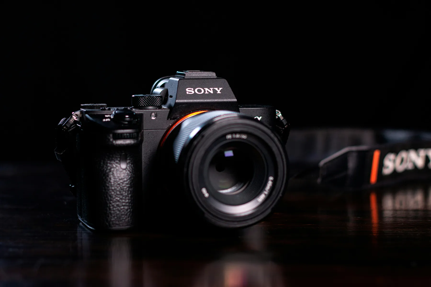 Sony A7 IV full-frame mirrorless camera with 40mm lens on a dark background