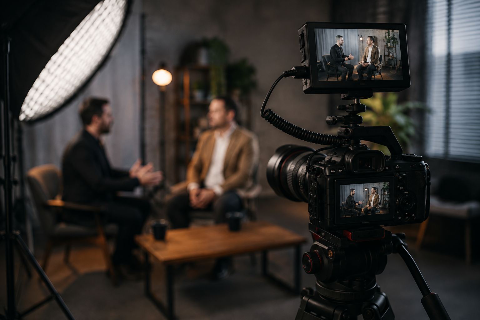 Close-up of a cinema camera on a tripod filming a two-person interview, with both subjects visible on the camera's monitor screen