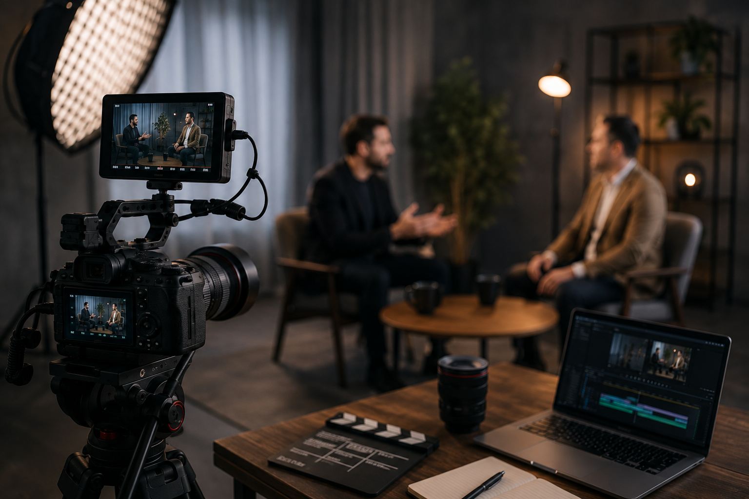 Two men filmed in a seated interview setup with a cinema camera, tripod monitor, softbox lighting and a laptop running editing software