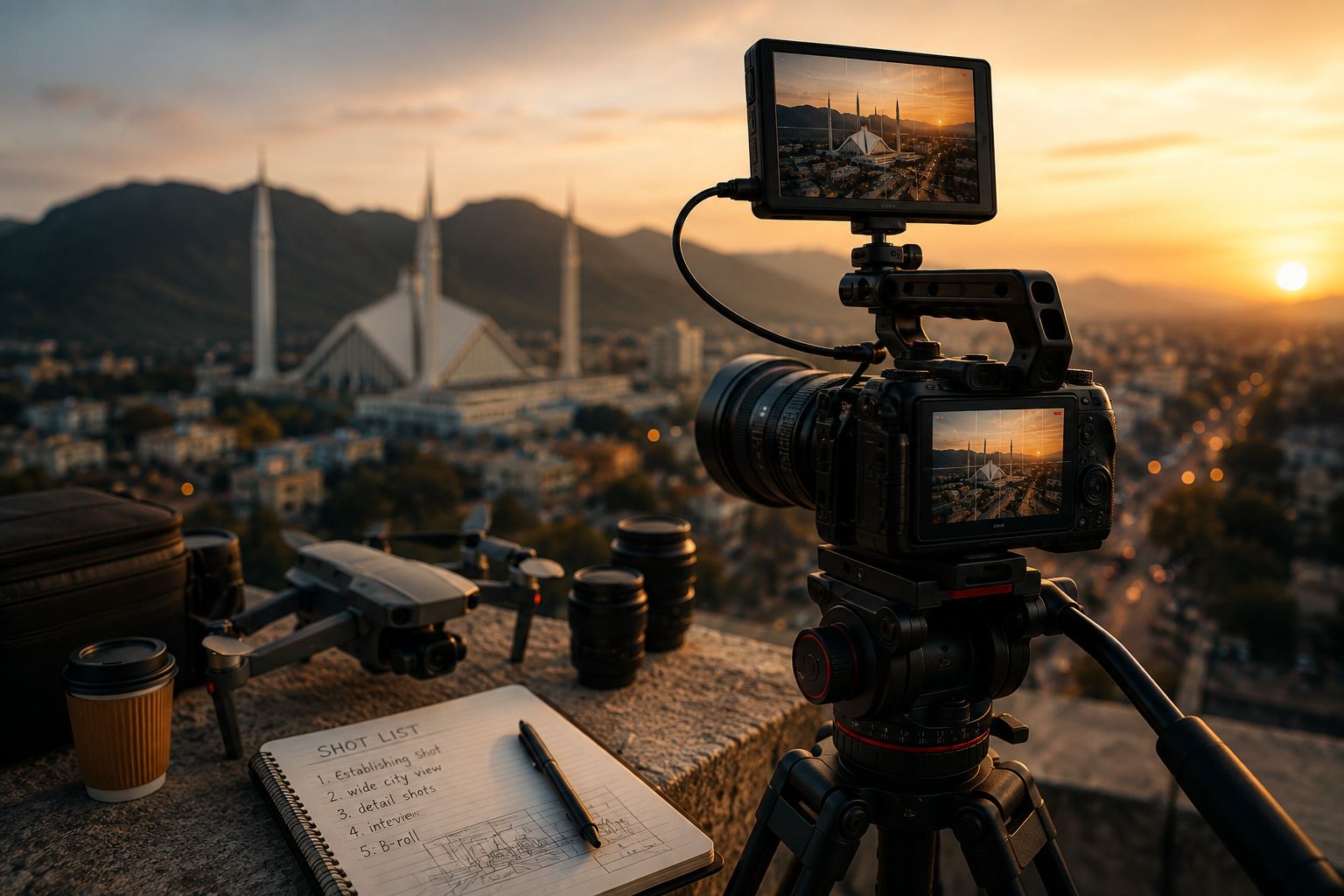 Cinema camera and drone equipment set up for a sunset shoot overlooking Faisal Mosque in Islamabad, with a shot list notebook on the ledge