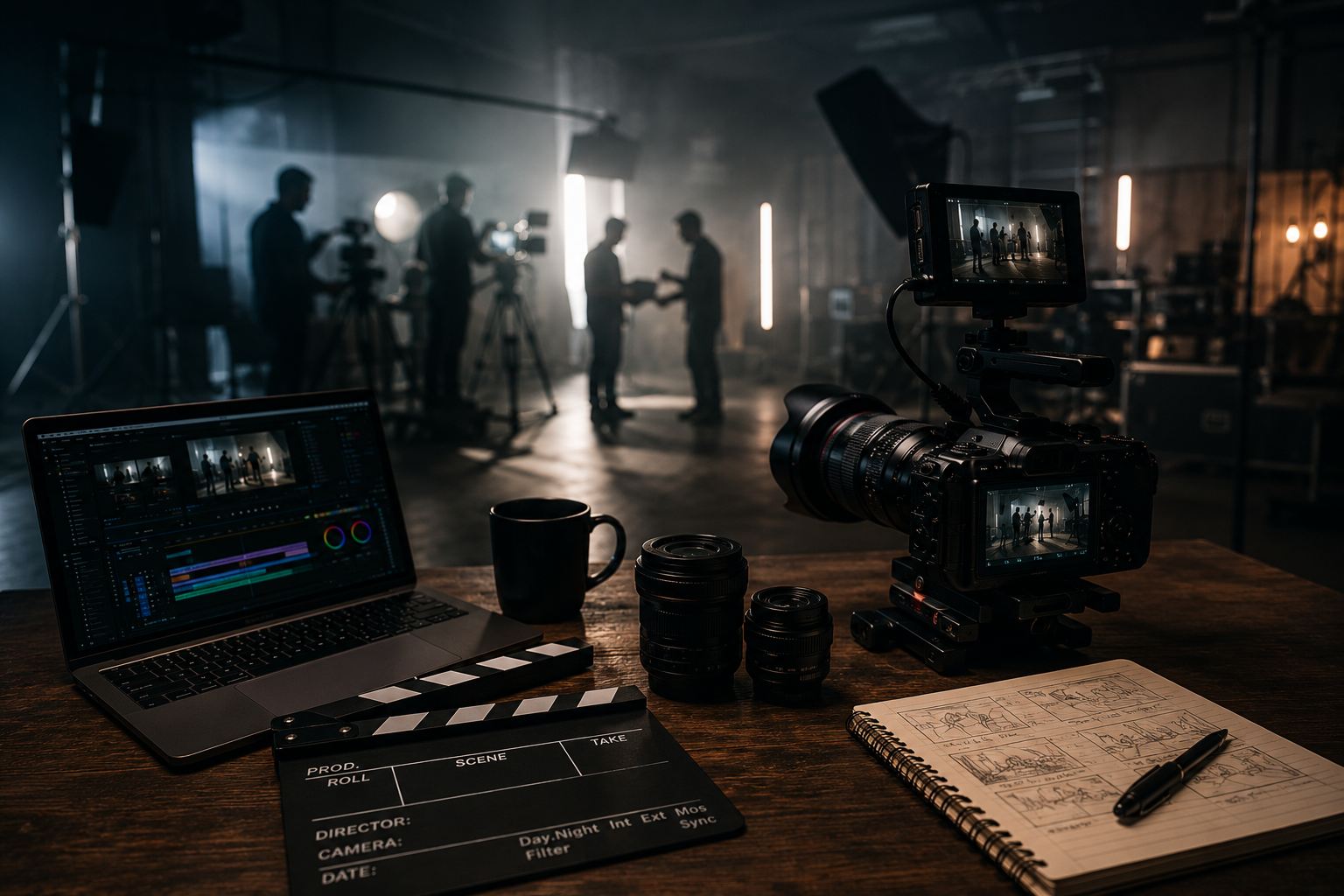 Behind-the-scenes video production set with a cinema camera on tripod, external monitor, clapperboard and an editing timeline open on a laptop