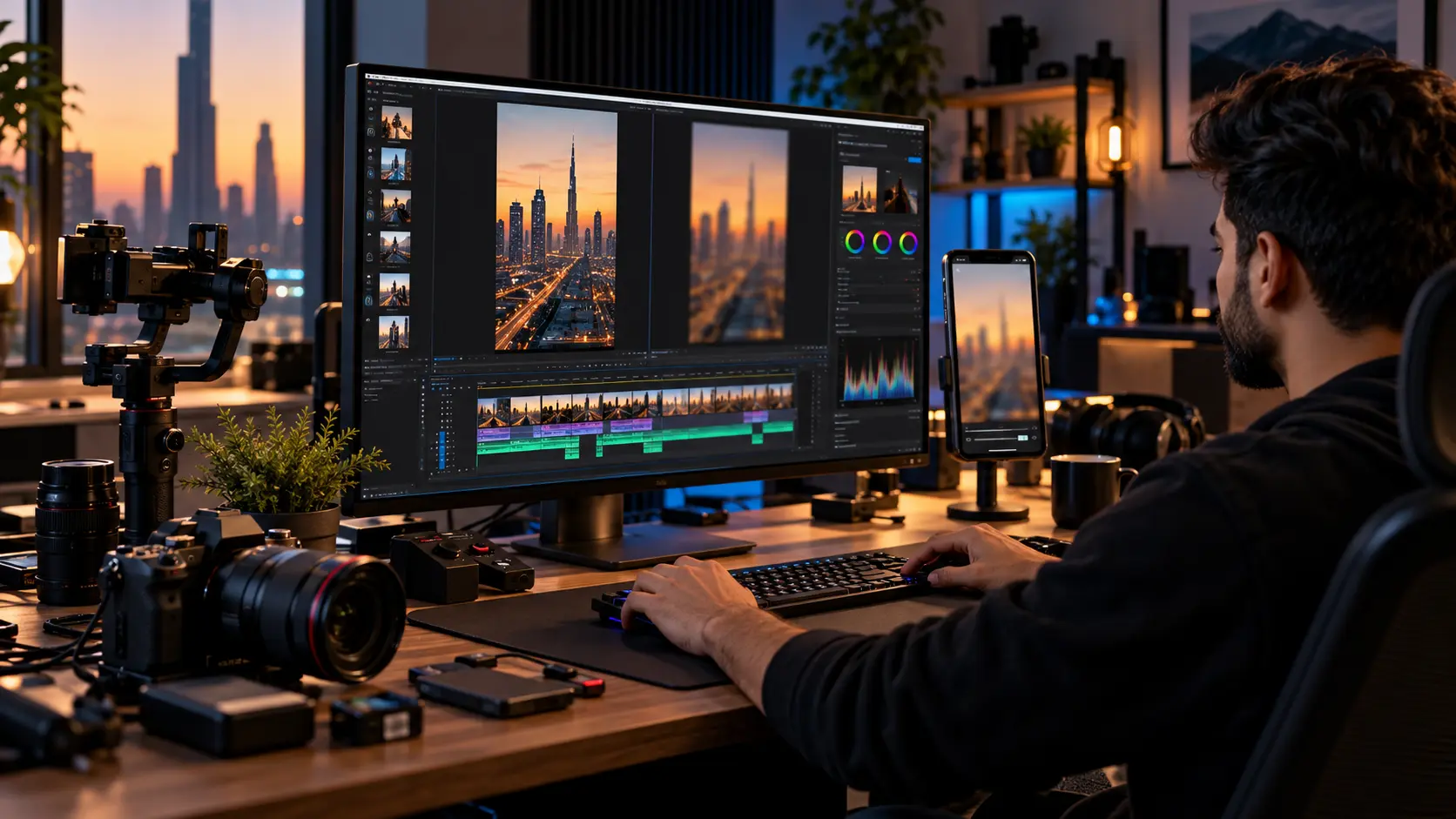 Video editor color grading vertical footage on a desktop timeline, with a phone beside the monitor previewing the same clip