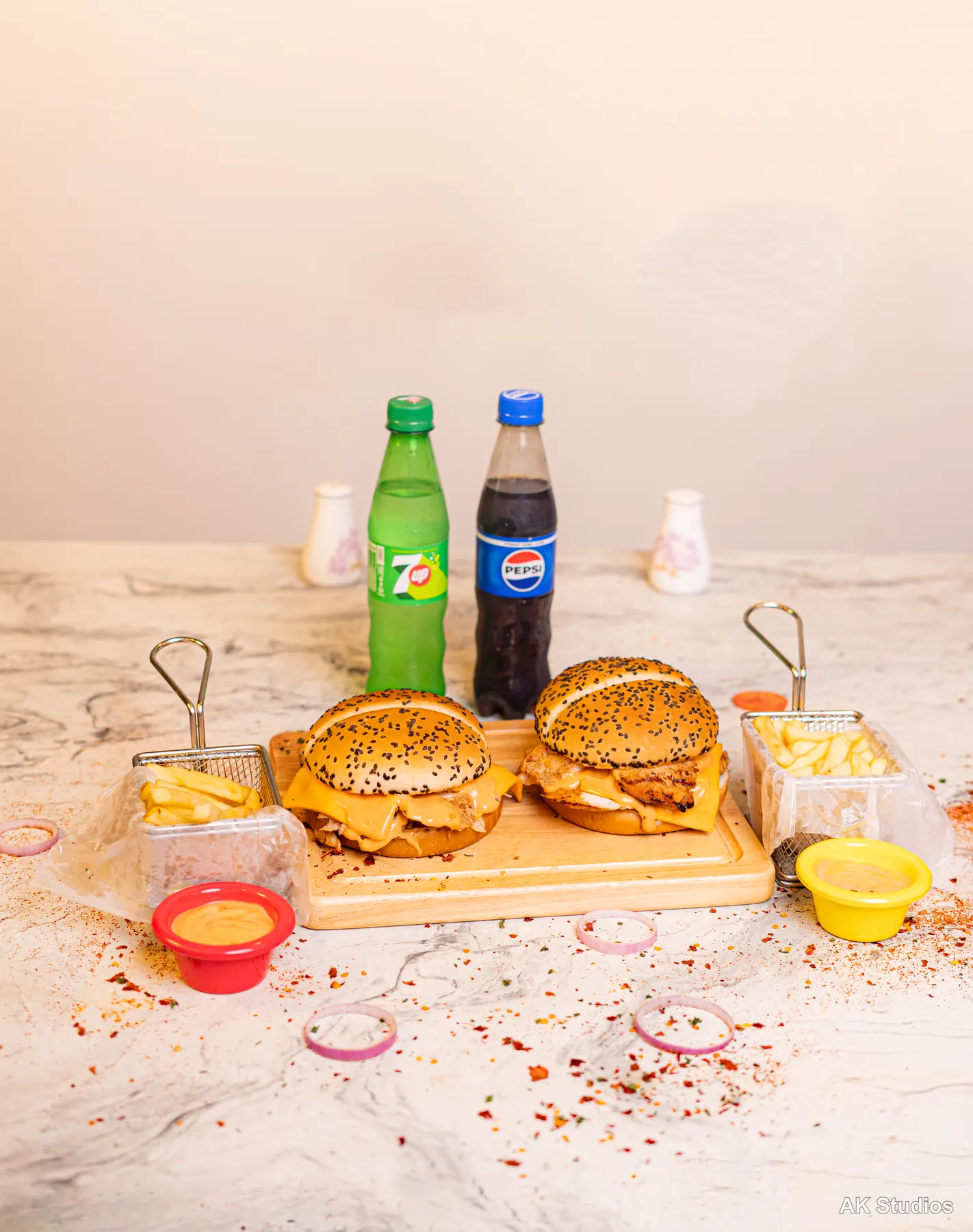 Saltish restaurant double burger combo with fries, 7up and Pepsi — food photography by AK Studios