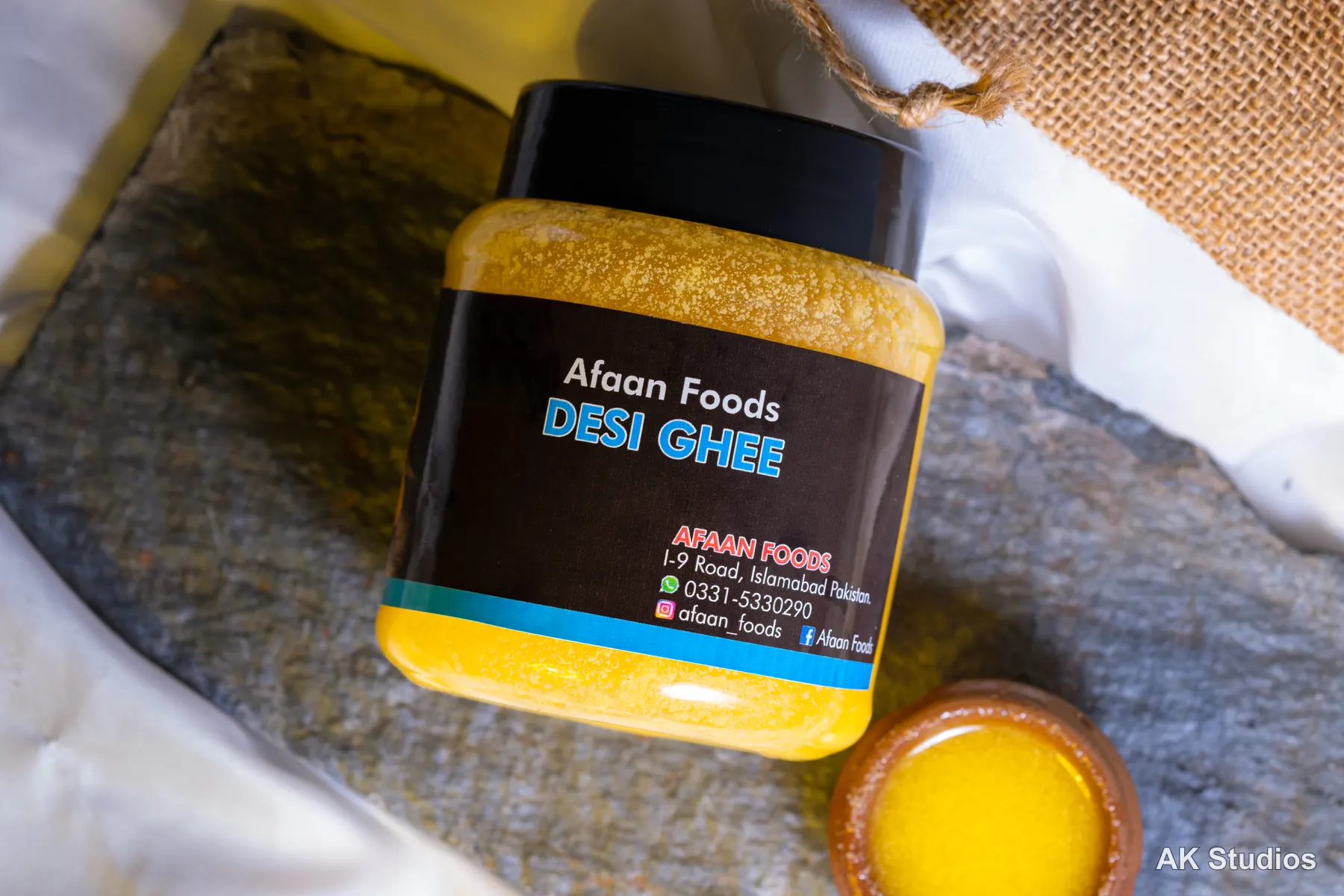 Afaan Foods desi ghee jar styled product photography