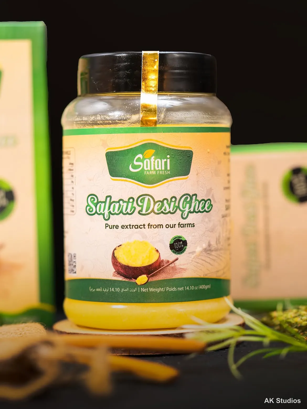 Safari Desi Ghee jar close-up product photography showing packaging detail and texture